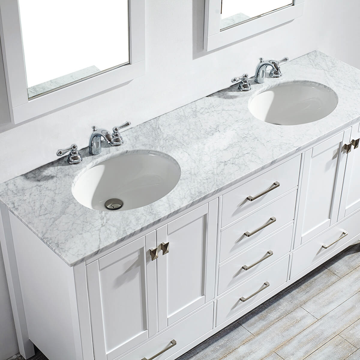 Vinnova Gela 72" White Double Vanity with Carrara White Marble Countertop With Mirror Sinks 723072-WH-CA