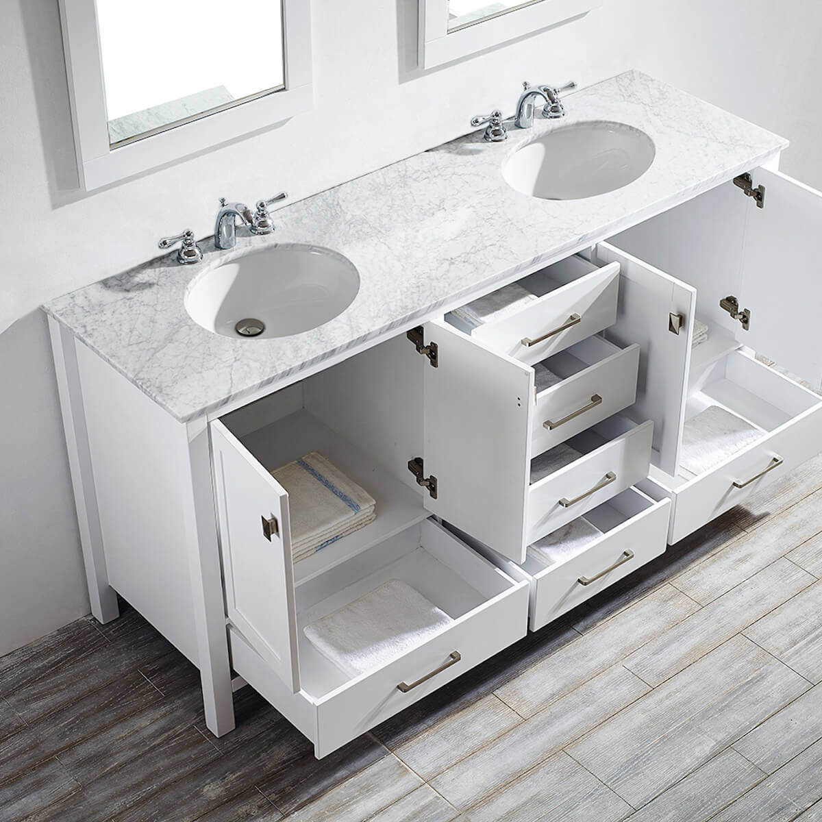 Vinnova Gela 72" White Double Vanity with Carrara White Marble Countertop With Mirror Inside 723072-WH-CA