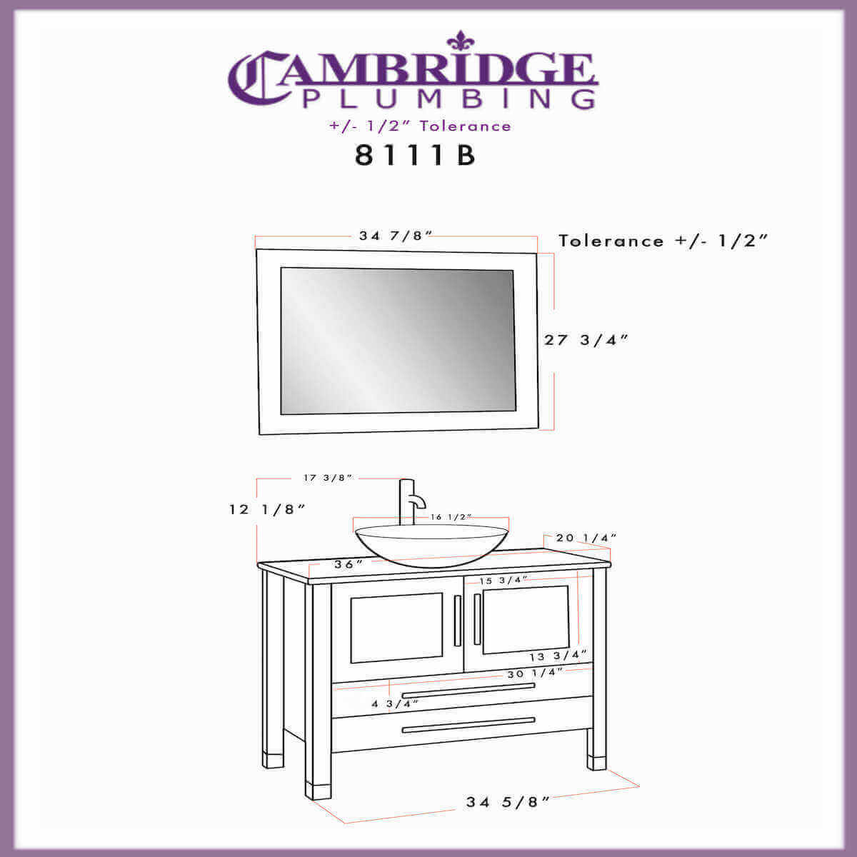 Cambridge Plumbing Complete 36" Gray Vanity Set with Plumbing 8111B-G Specs