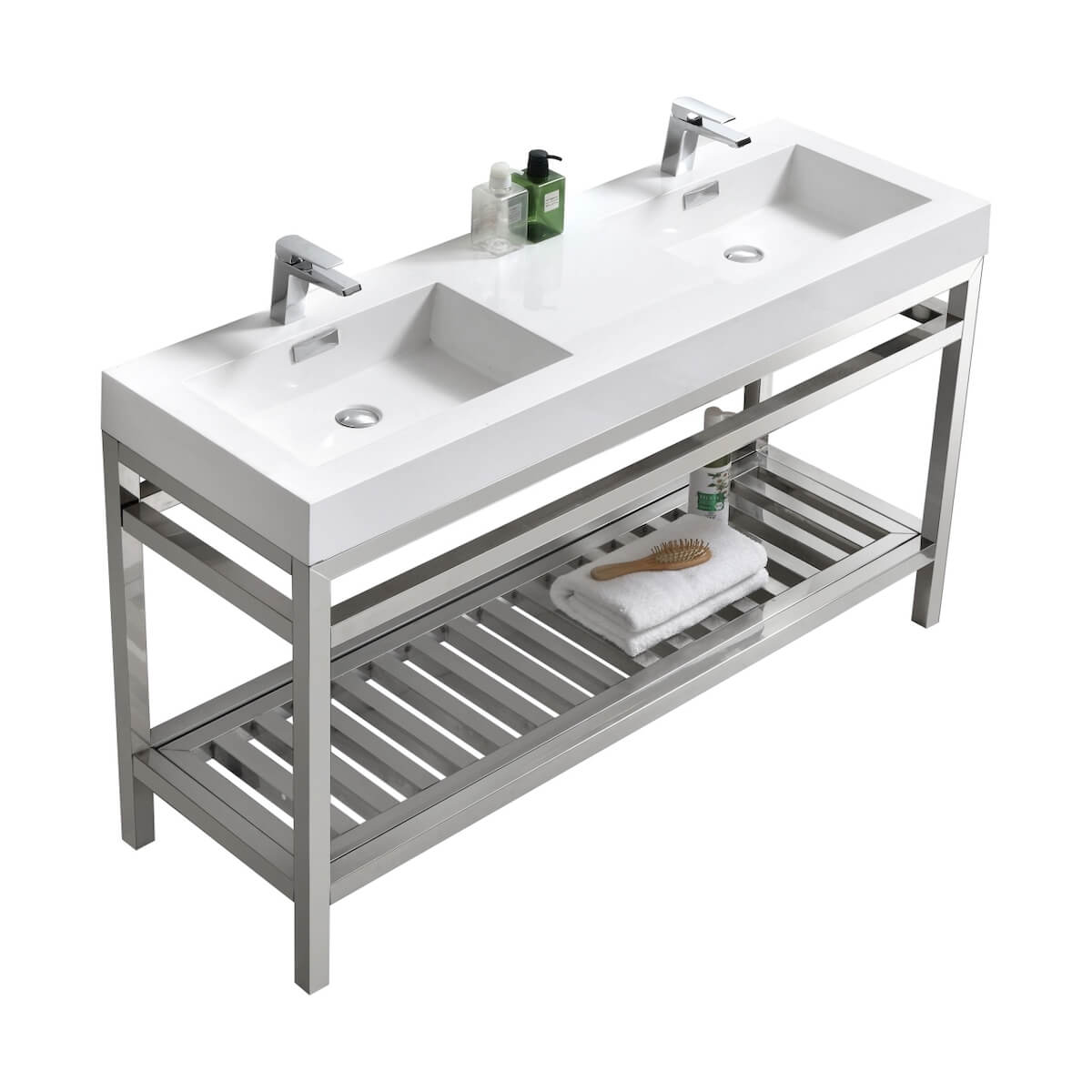 KubeBath Cisco 60” Chrome Stainless Steel Double Sink Console Vanity with Acrylic Sink AC60D