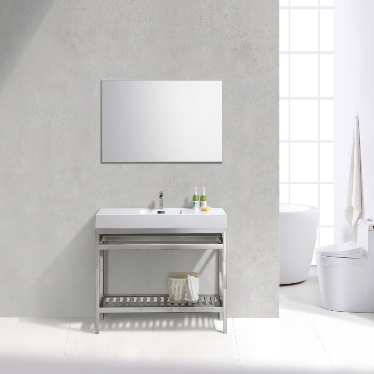 KubeBath Cisco 60” Chrome Stainless Steel Single Sink Console Vanity with Acrylic Sink AC60S in Bathroom