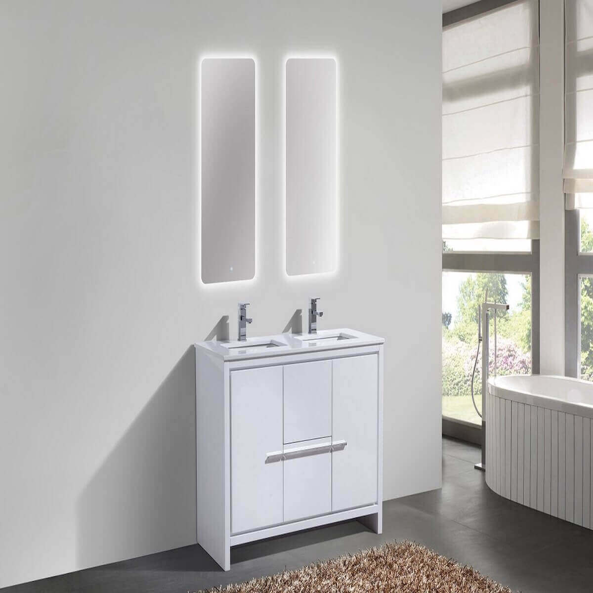 KubeBath Dolce 48" Gloss White Freestanding Double Vanity with Quartz Countertop AD648DGW in Bathroom #finish_high gloss white