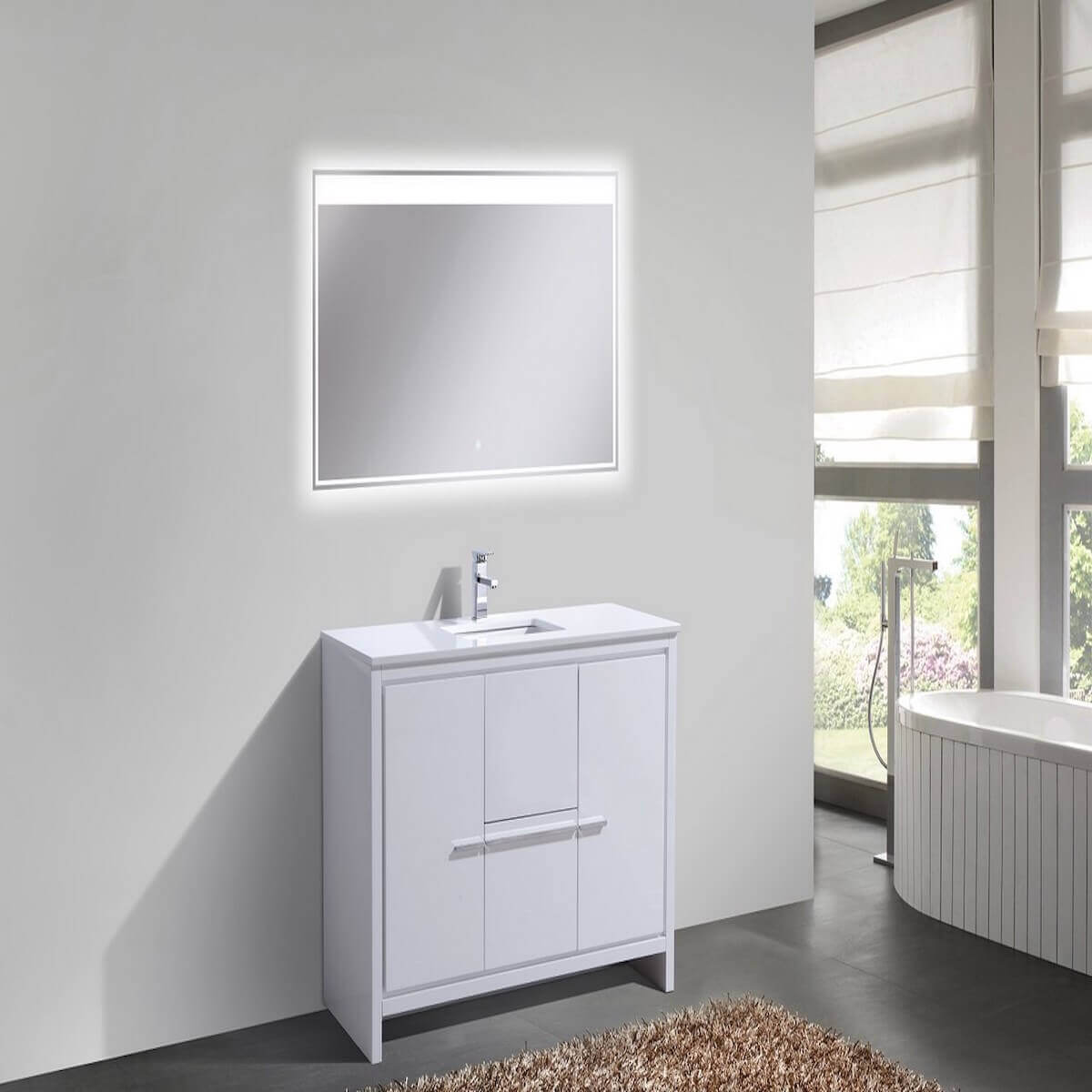 KubeBath Dolce 48" Gloss White Freestanding Single Vanity with Quartz Countertop AD648SGW in Bathroom #finish_high gloss white