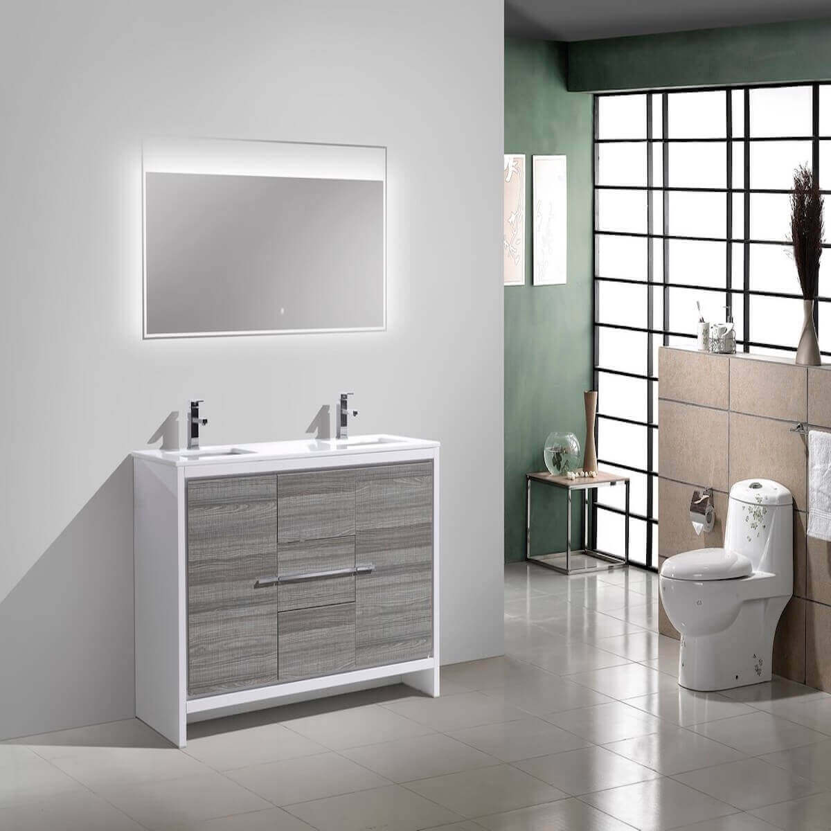KubeBath Dolce 60" Ash Gray Freestanding Double Vanity with Quartz Countertop AD660DHG in Bathroom #finish_ash gray