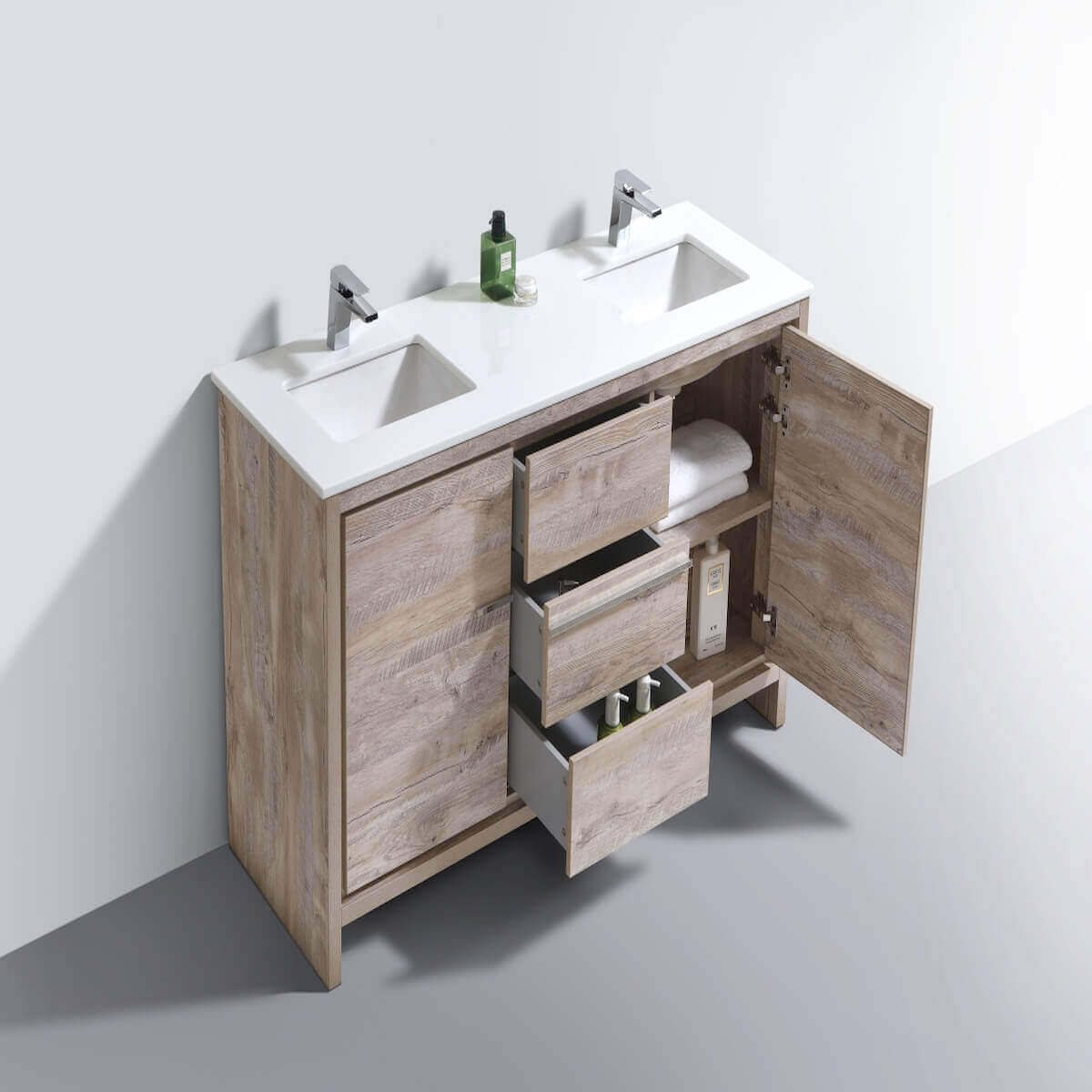 KubeBath Dolce 60" Nature Wood Freestanding Double Vanity with Quartz Countertop AD660DNW Inside #finish_nature wood