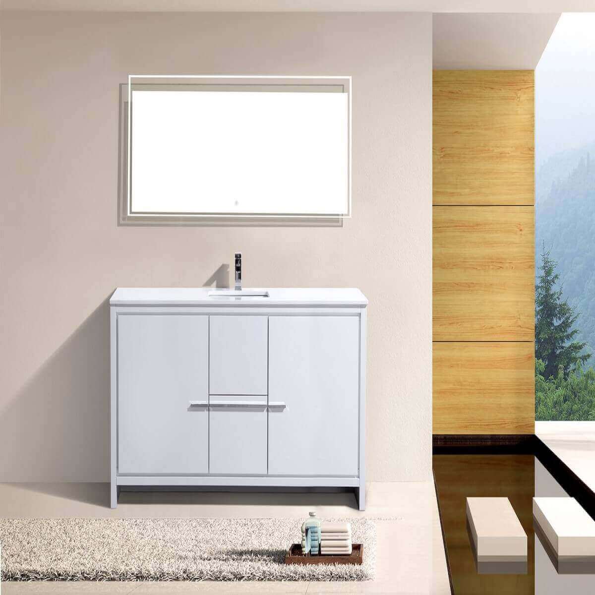 KubeBath Dolce 60" Gloss White Freestanding Single Vanity with Quartz Countertop AD660SGW in Bathroom #finish_high gloss white