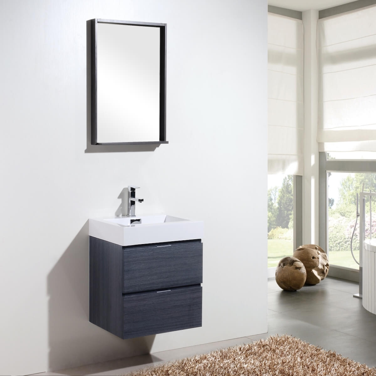 KubeBath Bliss 24" Gray Oak Wall Mount Single Vanity BSL24-GO in Bathroom #finish_gray oak