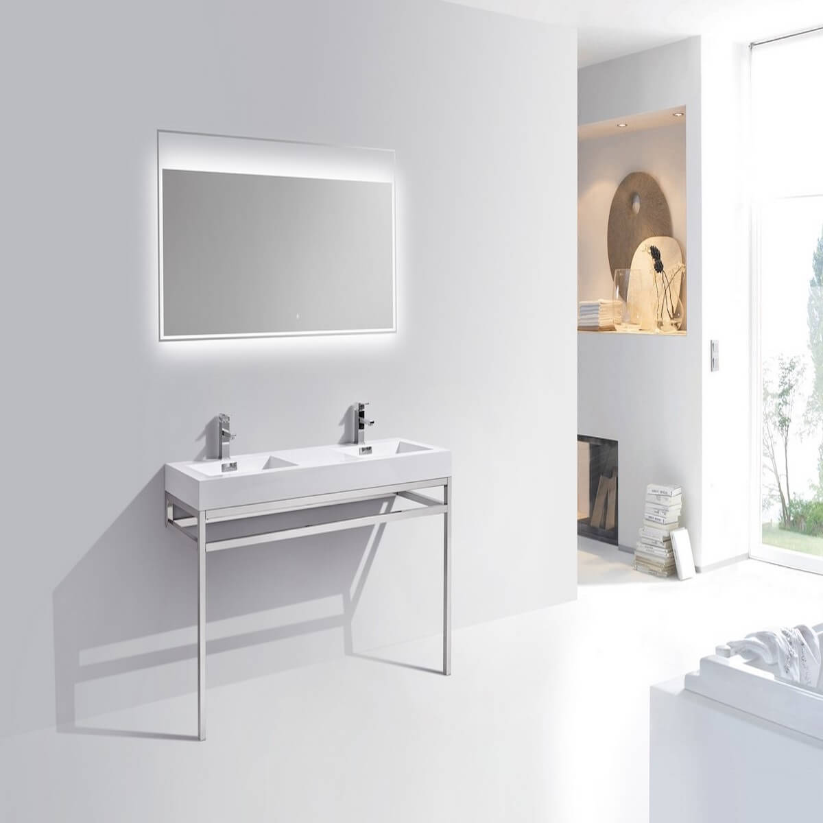 KubeBath Haus 60” Double Sink Stainless Steel Console with While Acrylic Sink CH60D in Bathroom