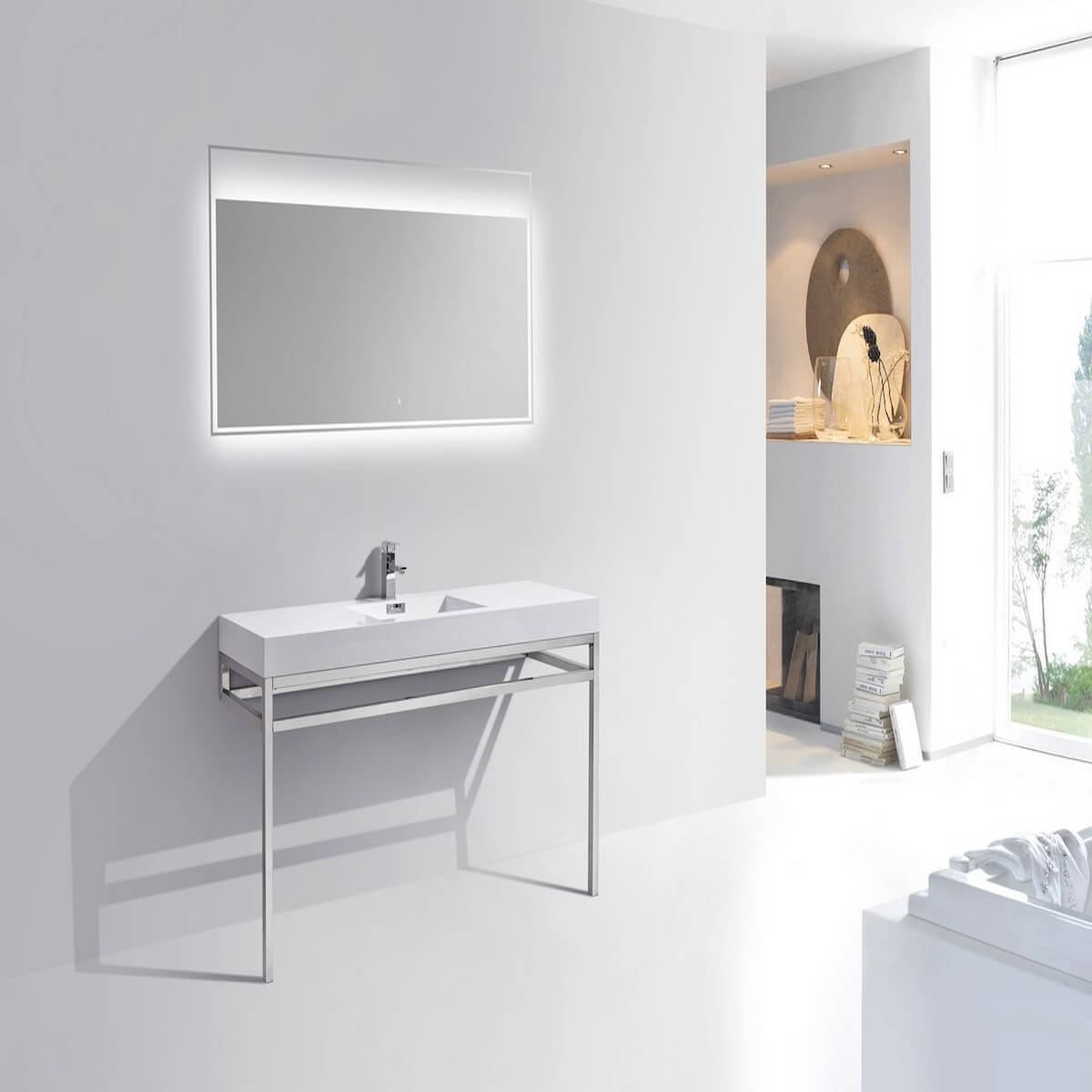 KubeBath Haus 60” Single Sink Stainless Steel Console with While Acrylic Sink CH60S in Bathroom