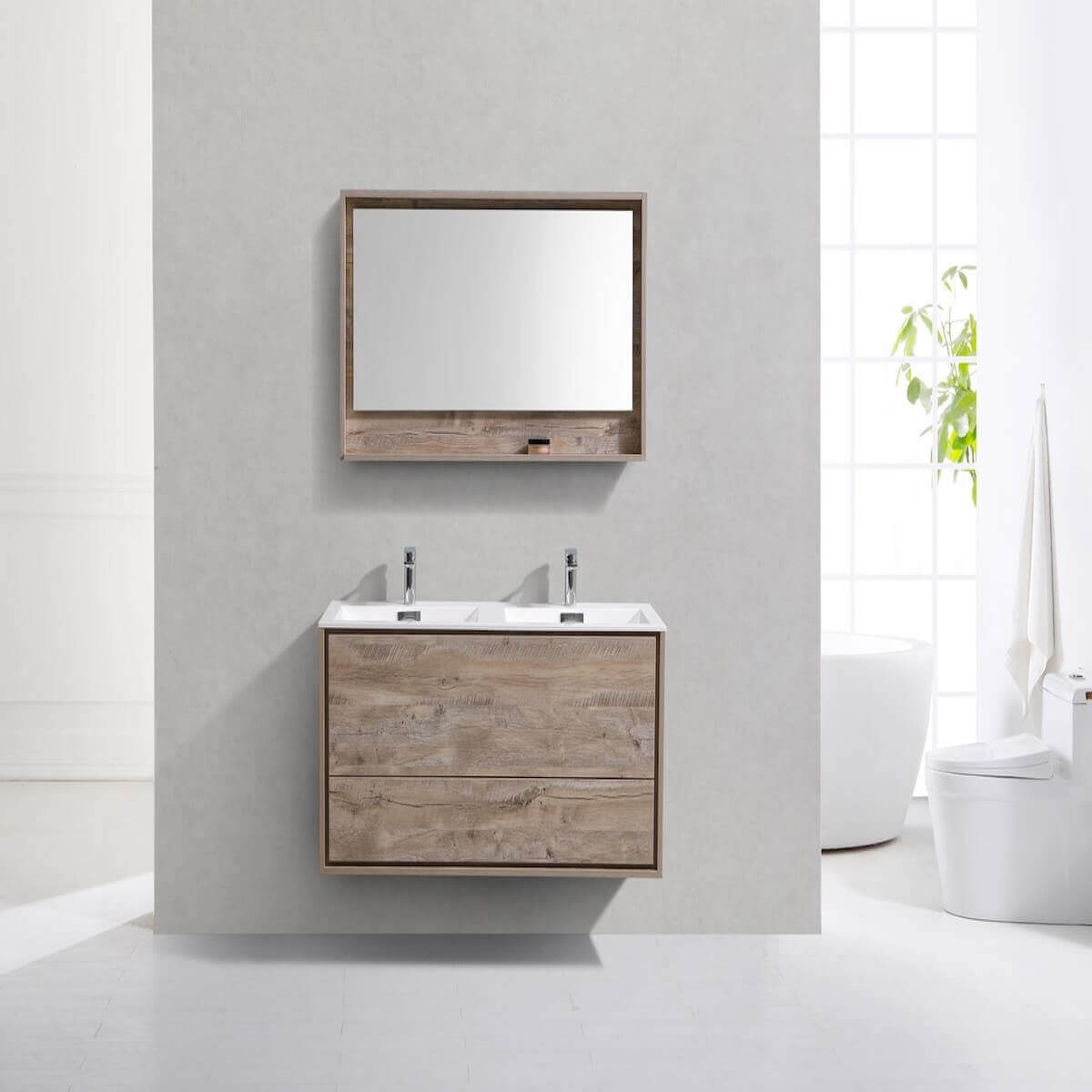 KubeBath DeLusso 48" Nature Wood Wall Mount Double Vanity DL48D-NW in Bathroom #finish_nature wood