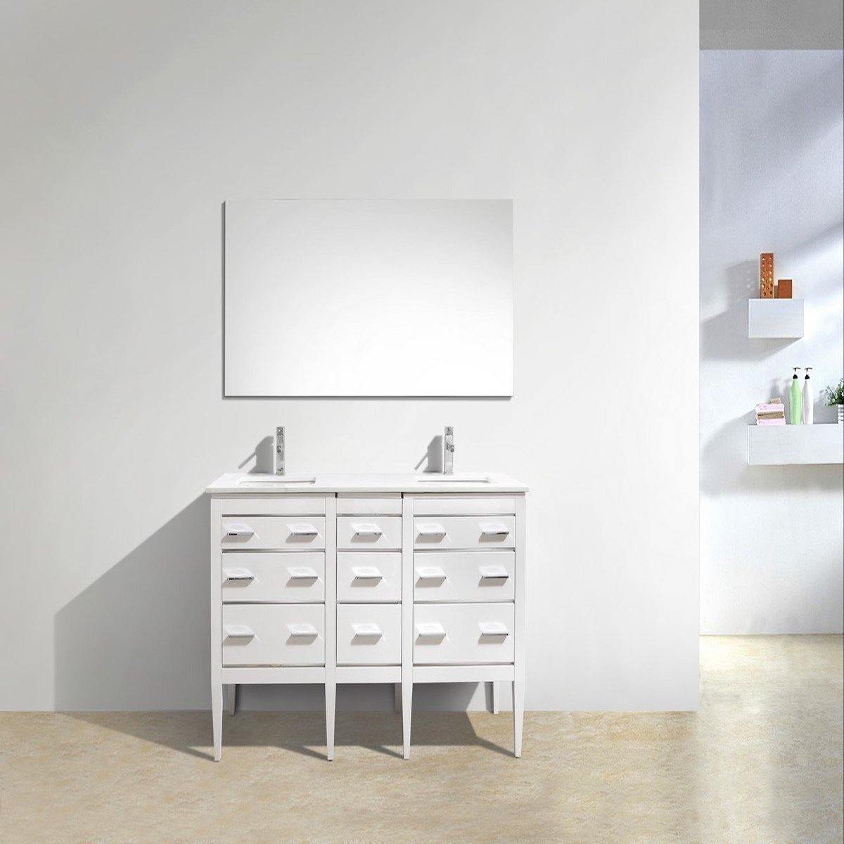 KubeBath Eiffel 60" Double Sink High Gloss White Vanity with Quartz Countertop E60-GW in Bathroom