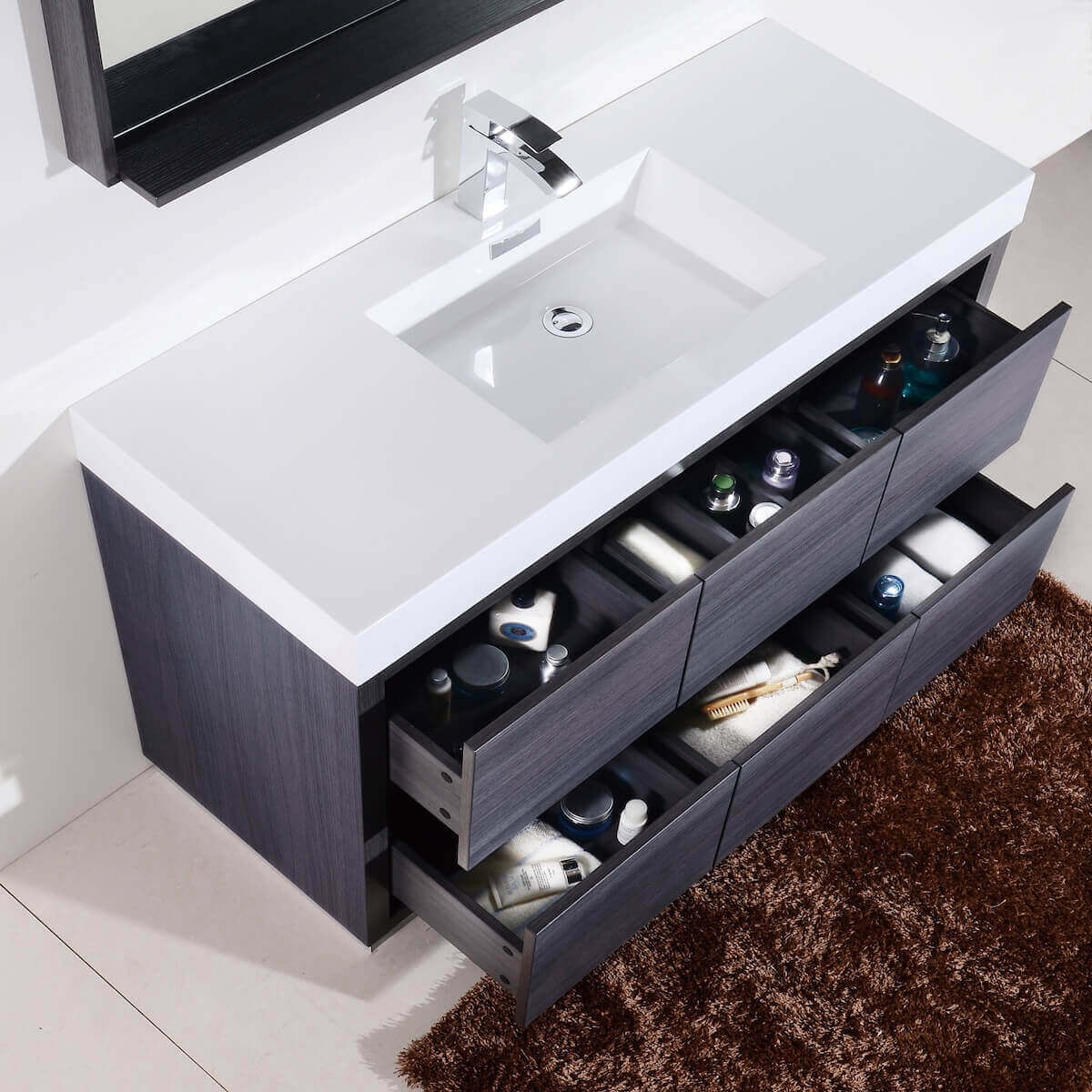 KubeBath Bliss 60" Gray Oak Freestanding Single Vanity FMB60S-GO Open Drawers #finish_gray oak