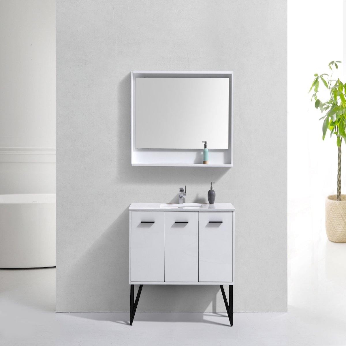 KubeBath Bosco 48" Gloss White Freestanding Single Vanity with Quartz Countertop KB48-GW in Bathroom #finish_high gloss white