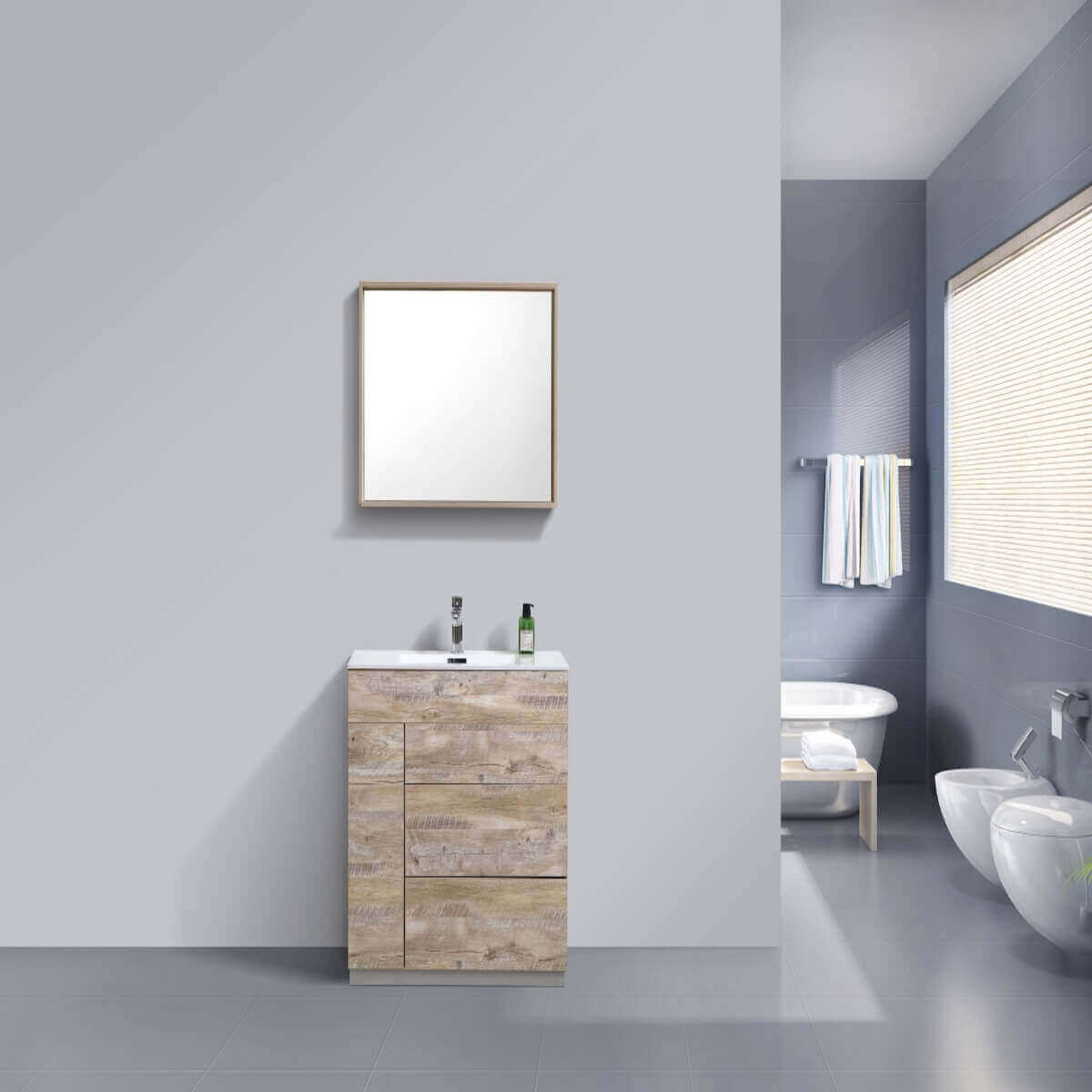 KubeBath Milano 36" Nature Wood Floor Mount Single Vanity KFM36-NW in Bathroom #finish_nature wood