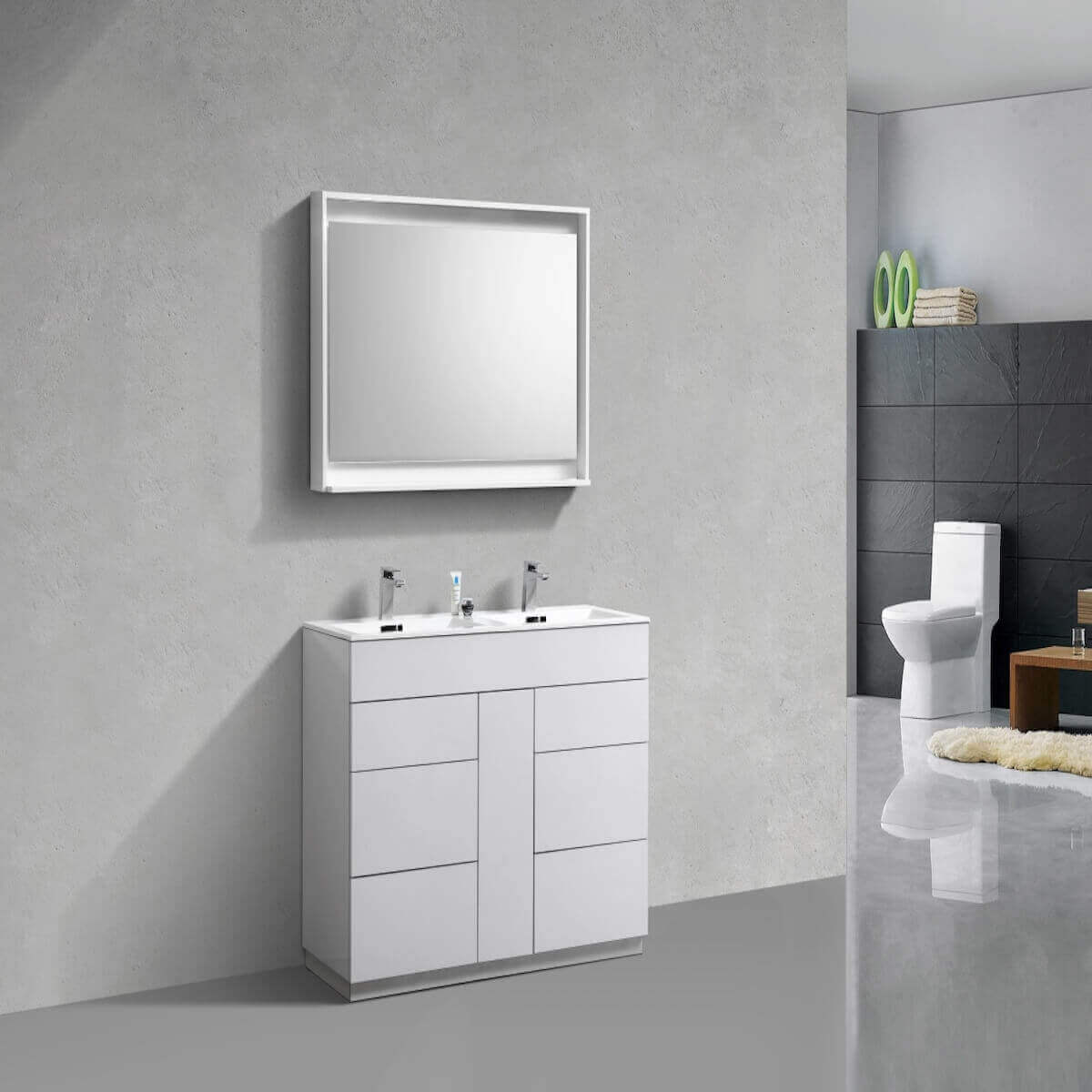 KubeBath Milano 48" Gloss White Freestanding Double Vanity KFM48D-GW in Bathroom #finish_gloss white