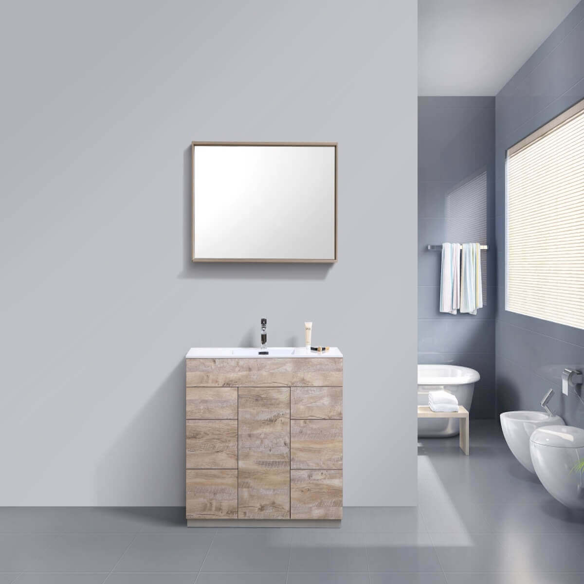 KubeBath Milano 48" Nature Wood Floor Mount Single Vanity KFM48S-NW in Bathroom #finish_nature wood