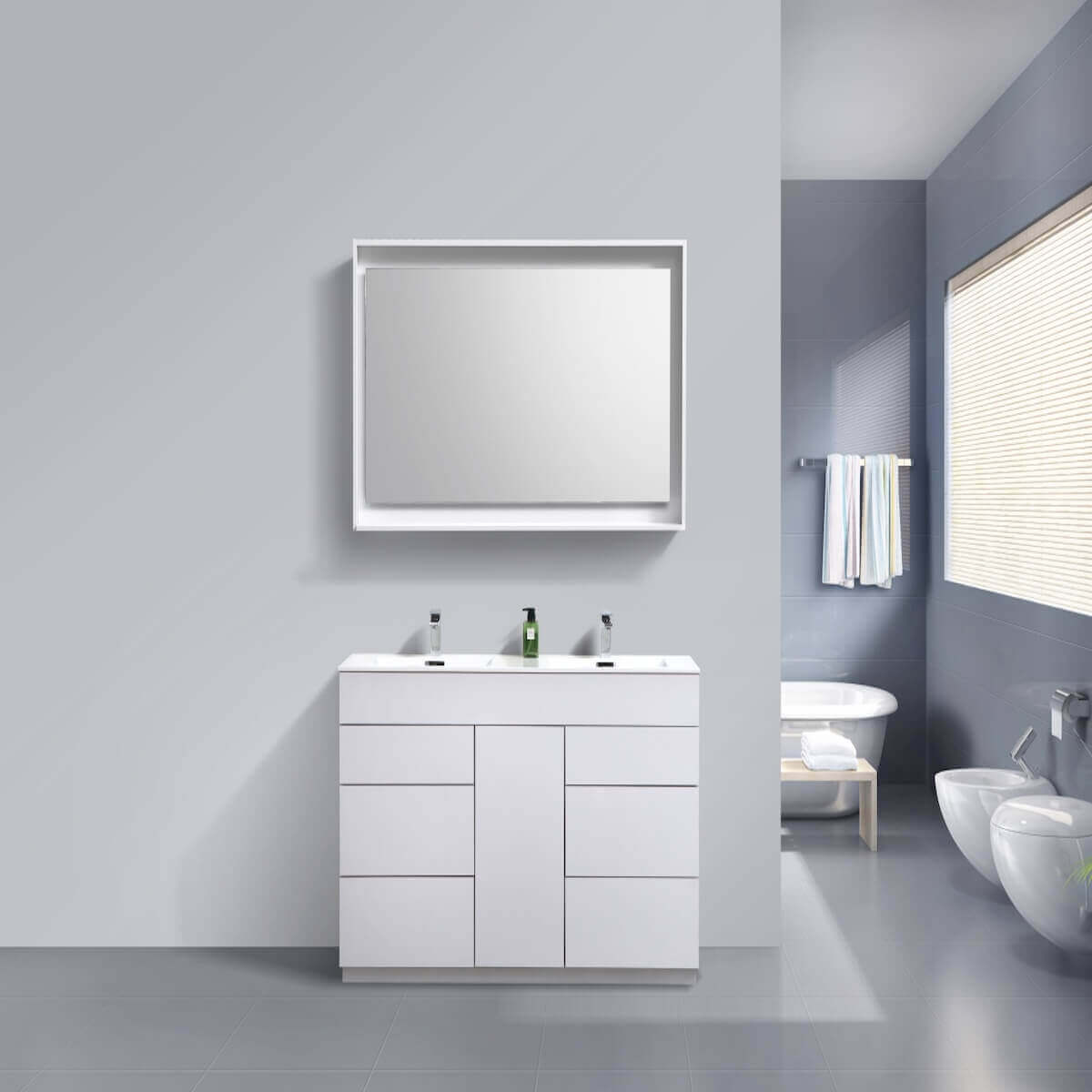 KubeBath Milano 60" Gloss White Freestanding Double Vanity KFM60D-GW in Bathroom #finish_gloss white