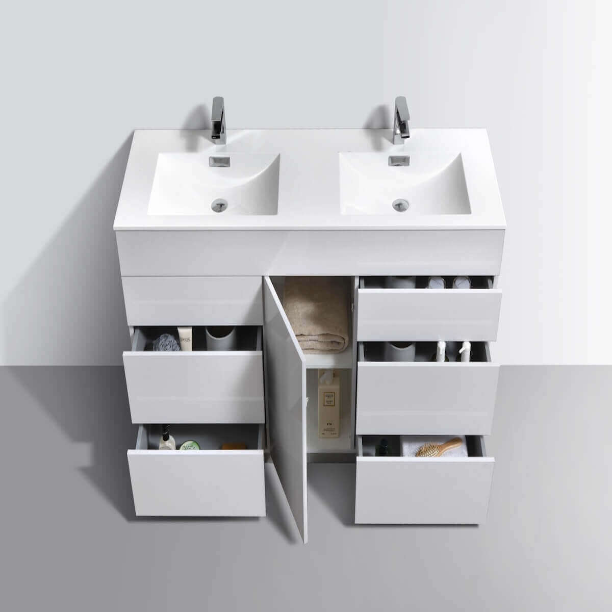 KubeBath Milano 60" Gloss White Freestanding Double Vanity KFM60D-GW Open Drawers and Cabinet #finish_gloss white