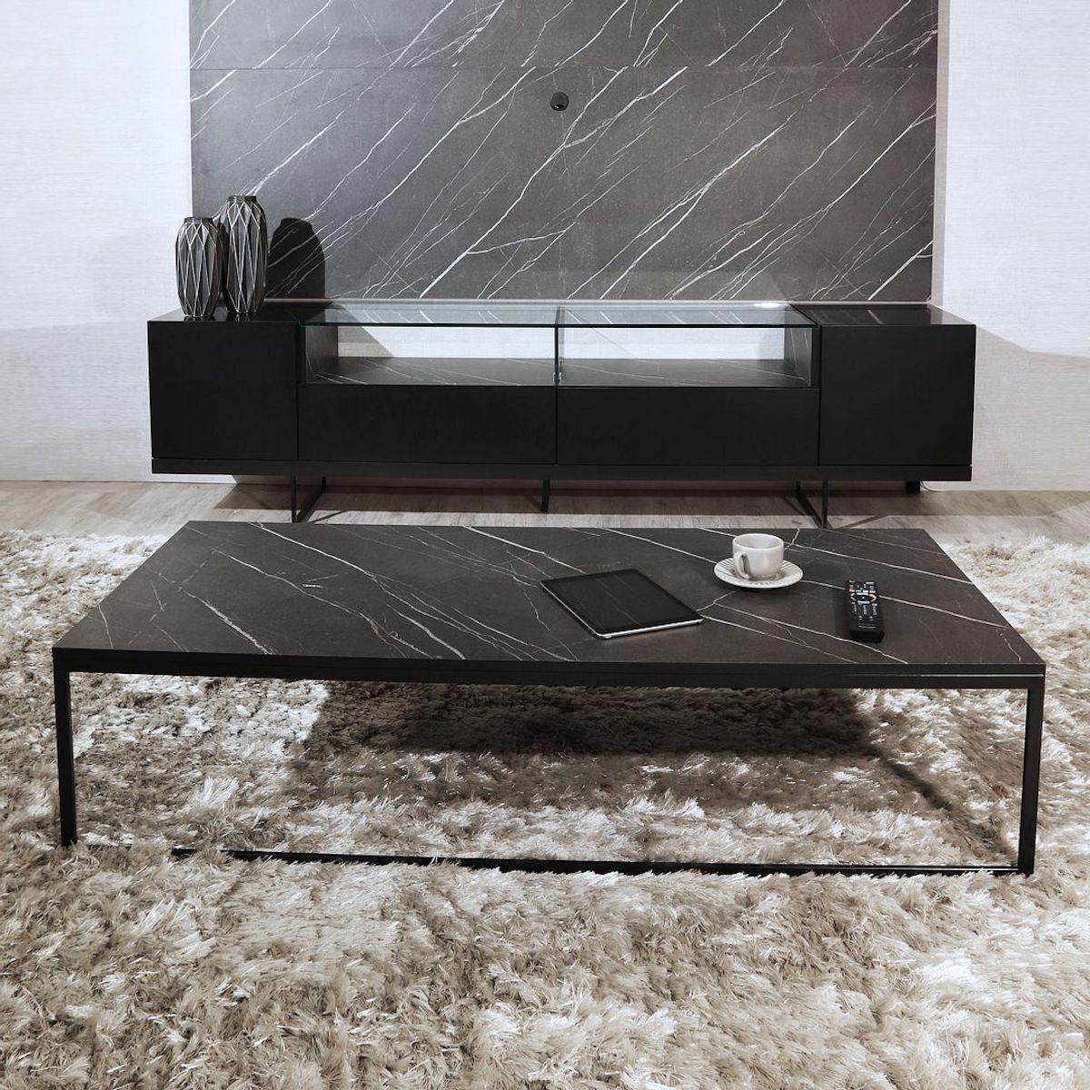 Manhattan Comfort Celine 53.14 Inch Coffee Table with Steel Legs in Black Marble 255352 in Room #color_black marble