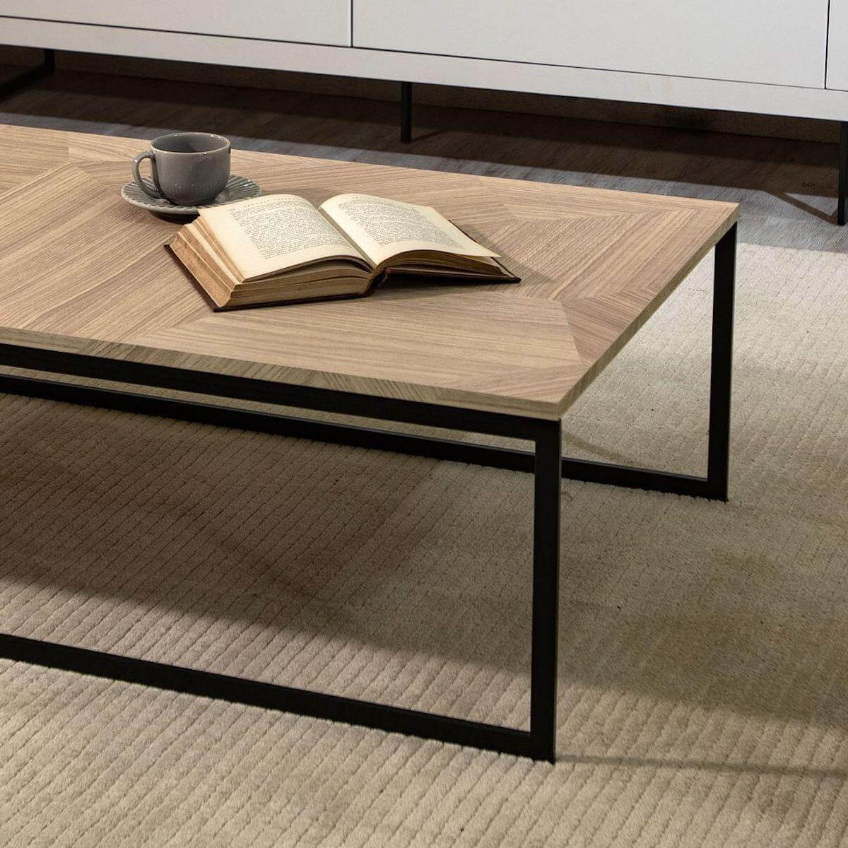 Manhattan Comfort Celine 53.14 Inch Coffee Table with Steel Legs in Mosaic Wood 255351 Corner #color_mosaic wood