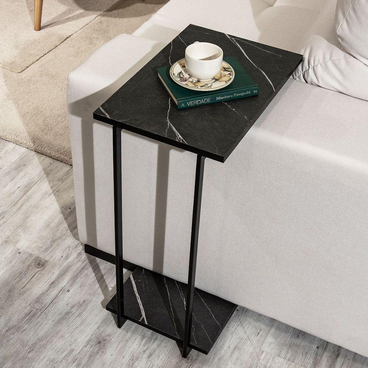 Manhattan Comfort Celine Black Marble Tuck-in End Table with Steel Legs 255451 on Chair #color_black marble
