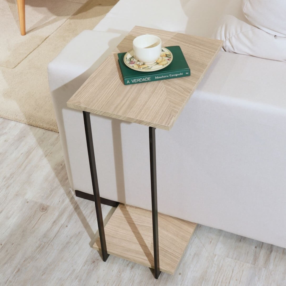 Manhattan Comfort Celine Mosaic Wood Tuck-in End Table with Steel Legs 255452 on Sofa #color_mosaic wood