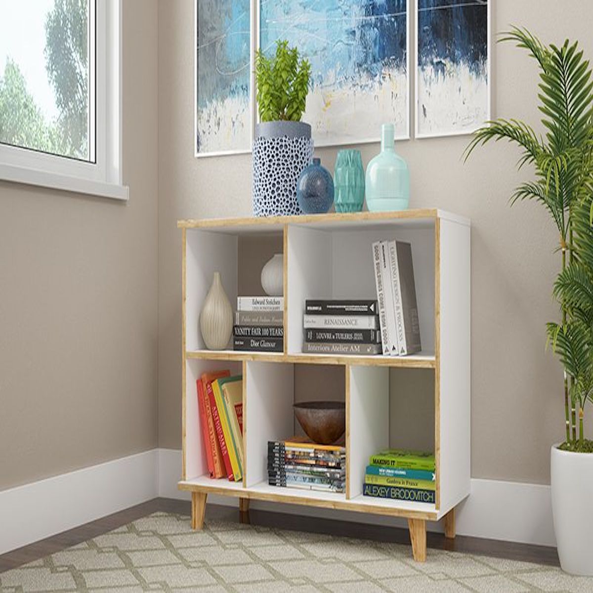 Manhattan Comfort Minutia White 5-Shelf Mid Century Low Bookcase 129AMC160