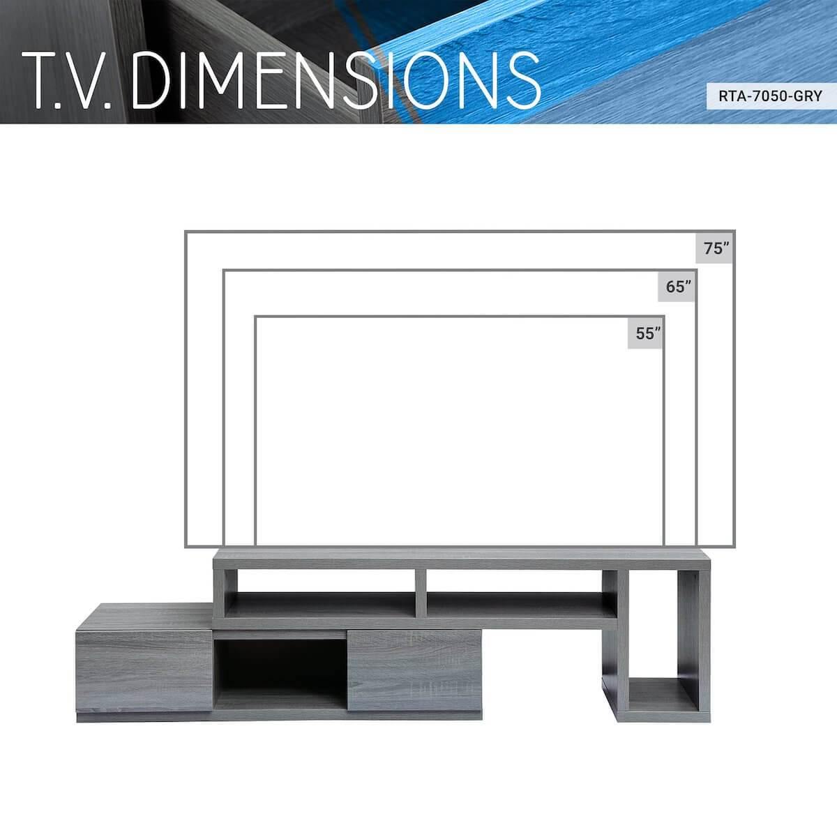 Techni Mobili Adjustable TV Stand Console for TVs Up to 65" RTA-7050-GRY TV Dimensions
