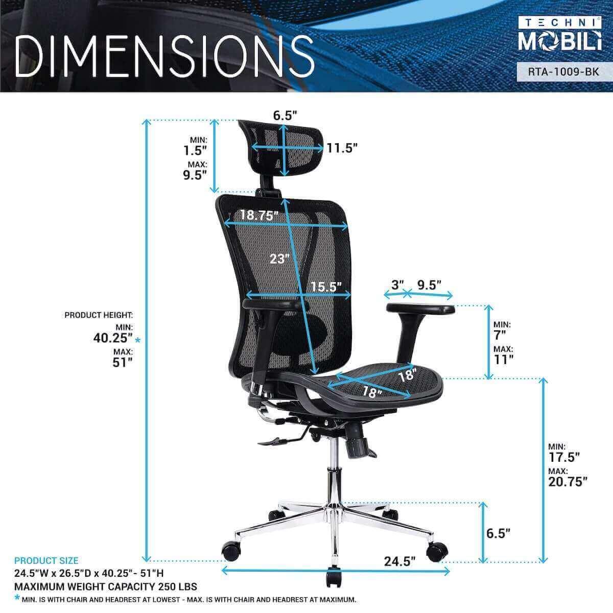 Techni Mobili Black High Back Executive Mesh Office Chair with Arms, Headrest, and Lumbar Support RTA-1009-BK Dimensions
