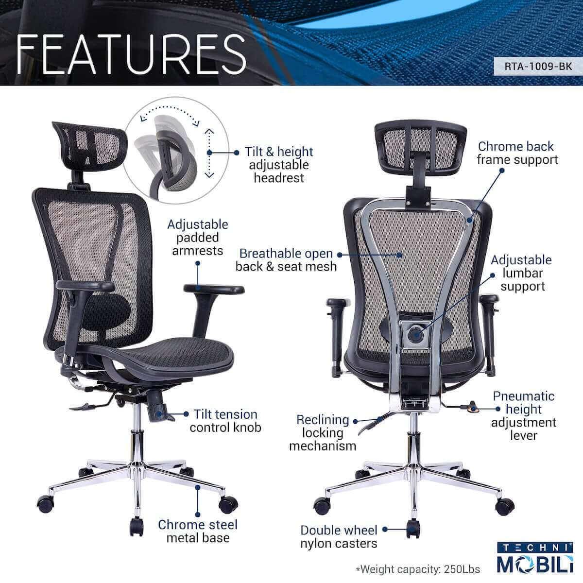 Techni Mobili Black High Back Executive Mesh Office Chair with Arms, Headrest, and Lumbar Support RTA-1009-BK Features