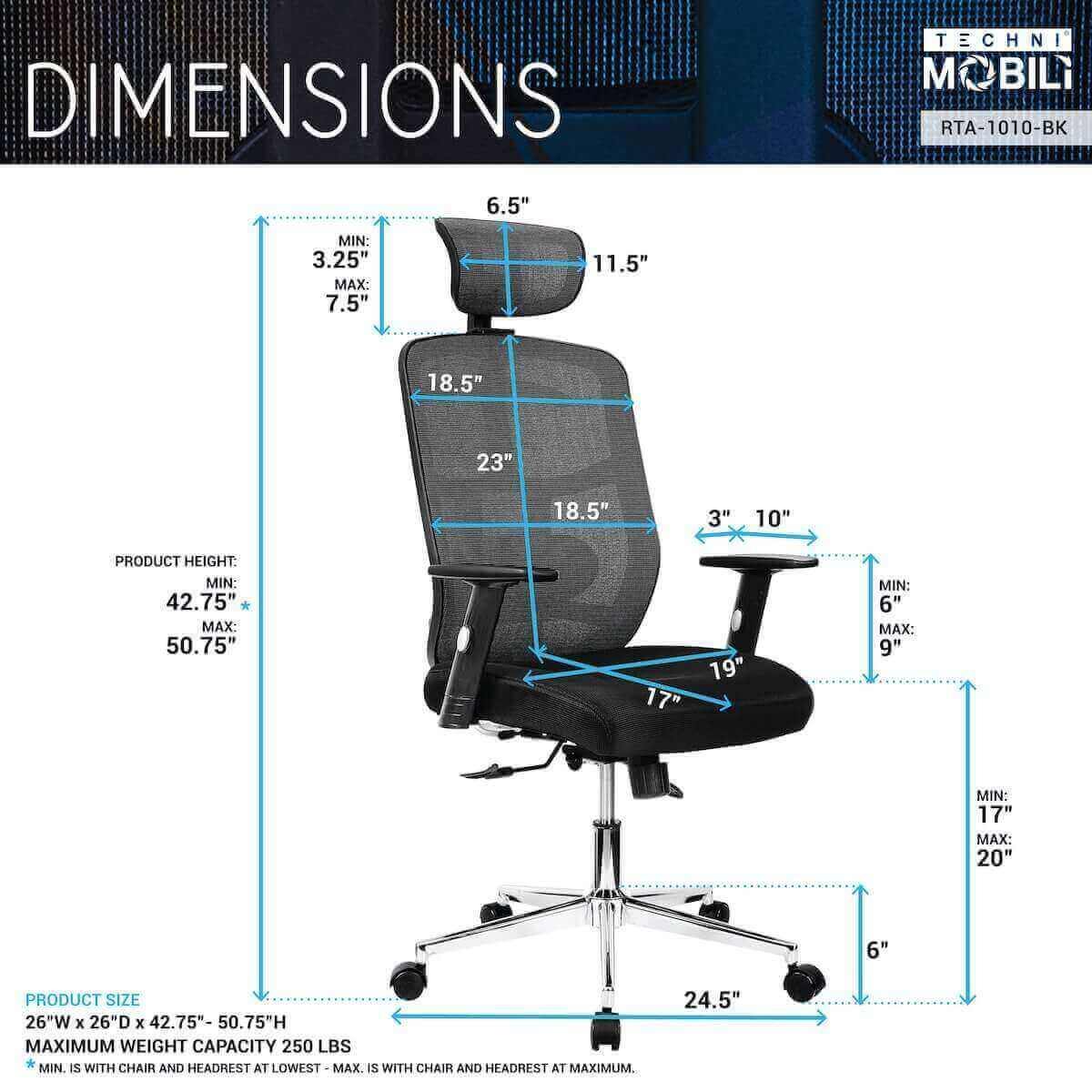 Techni Mobili Black High Back Executive Mesh Office Chair with Arms, Lumbar Support, and Chrome Base RTA-1010-BK Dimensions