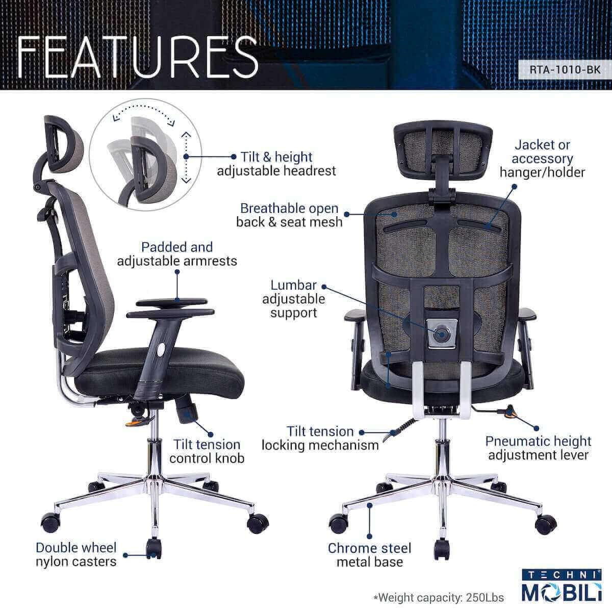 Techni Mobili Black High Back Executive Mesh Office Chair with Arms, Lumbar Support, and Chrome Base RTA-1010-BK Features