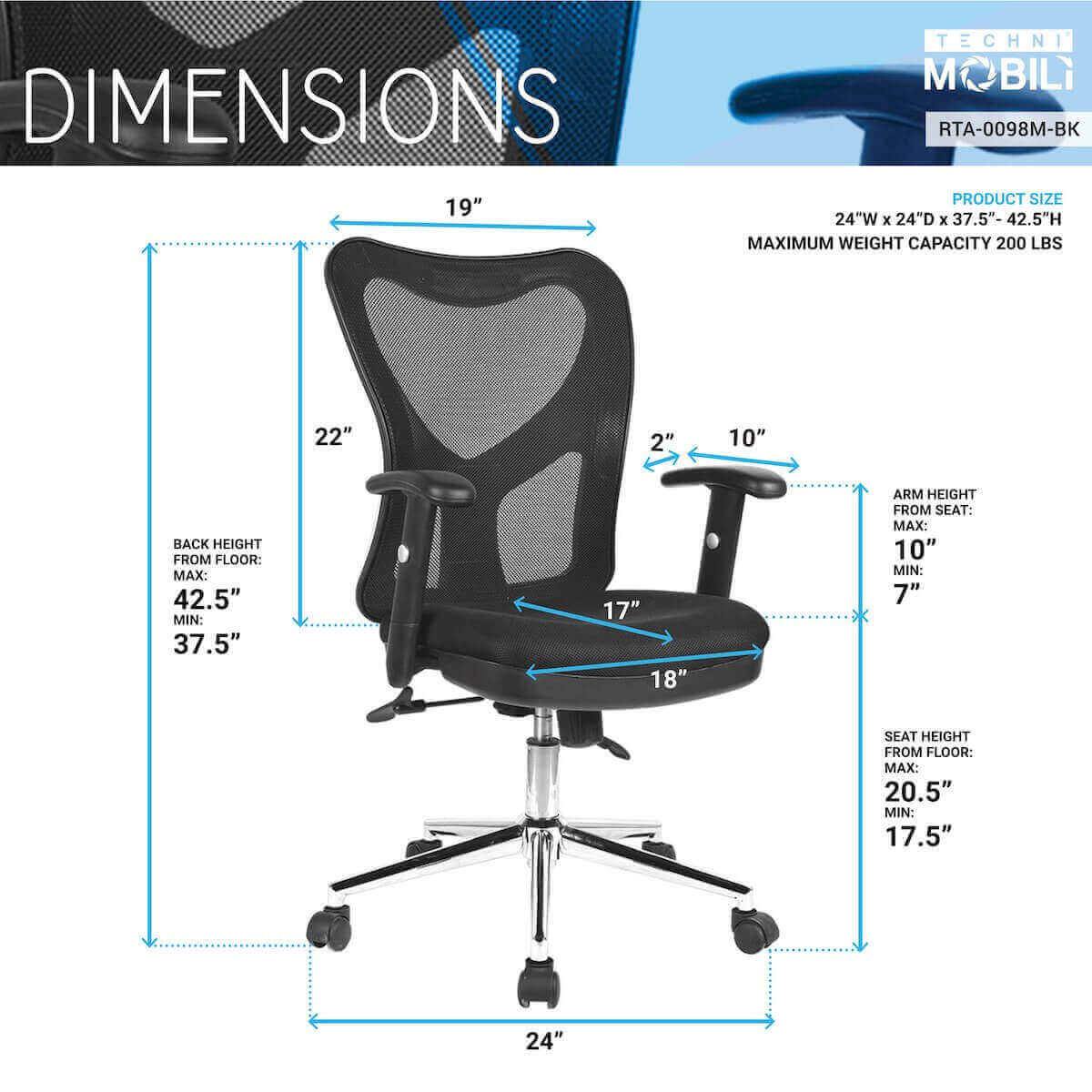 Techni Mobili Black High Back Mesh Office Chair With Chrome Base RTA-0098M-BK Dimensions