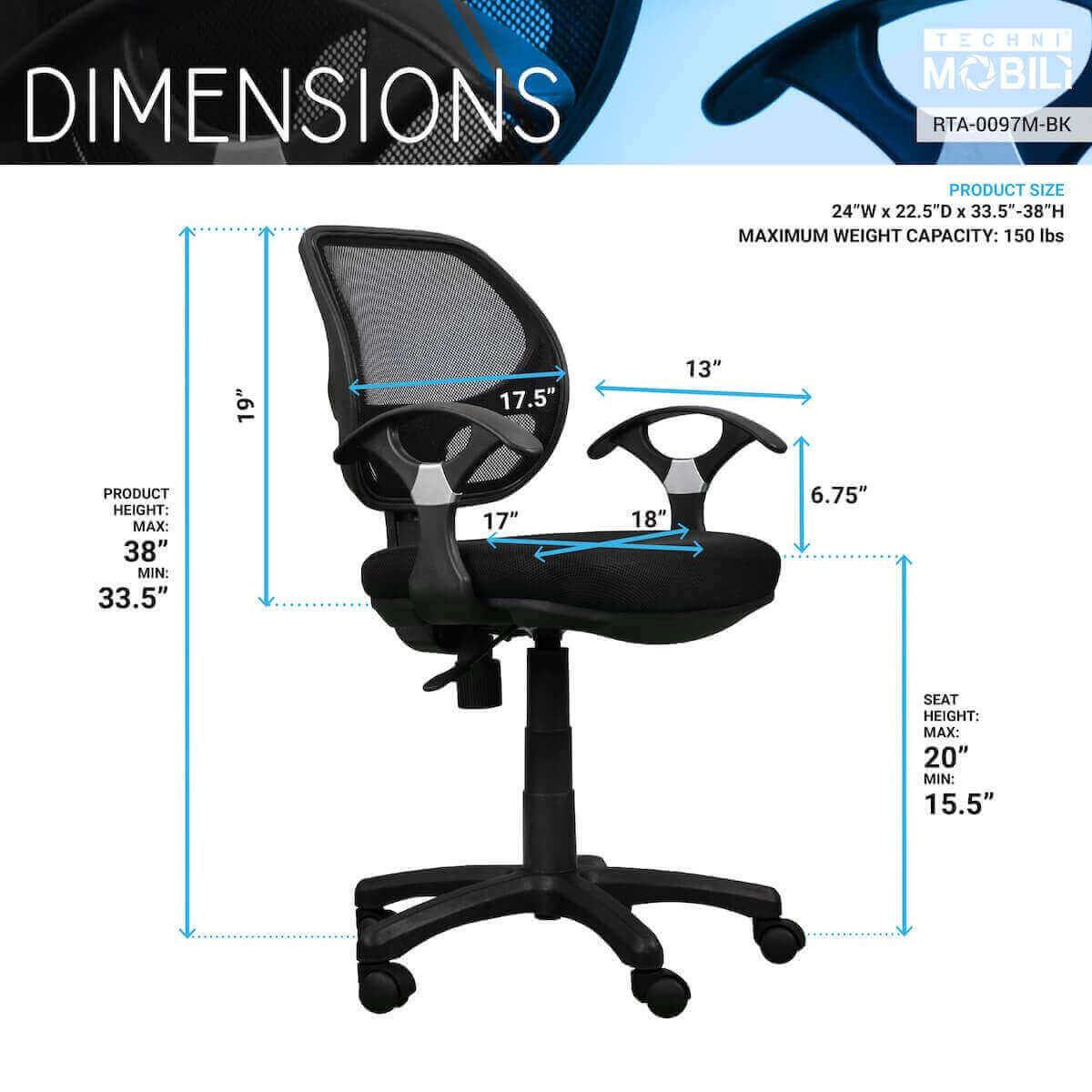 Techni Mobili Black Midback Mesh Task Office Chair RTA-0097M-BK Dimensions