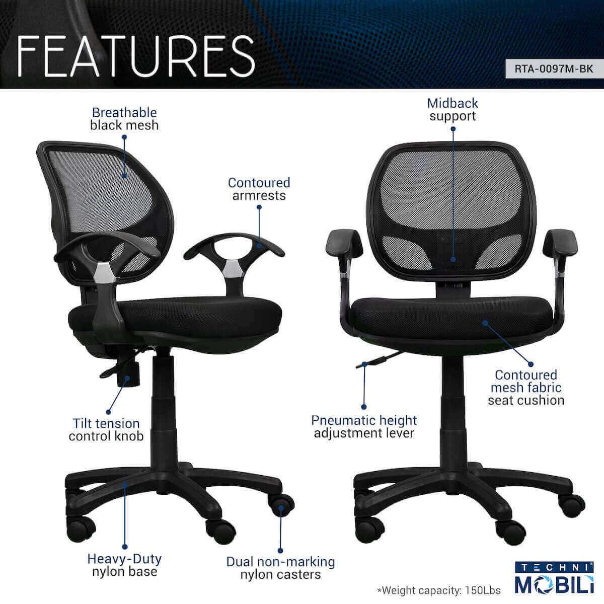 Techni Mobili Black Midback Mesh Task Office Chair RTA-0097M-BK Features