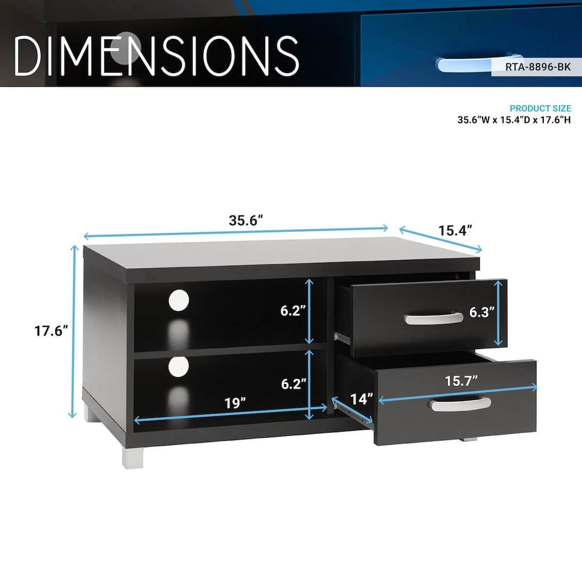 Techni Mobili Black Modern TV Stand with Storage for TVs Up To 40" RTA-8896-BK Dimensions