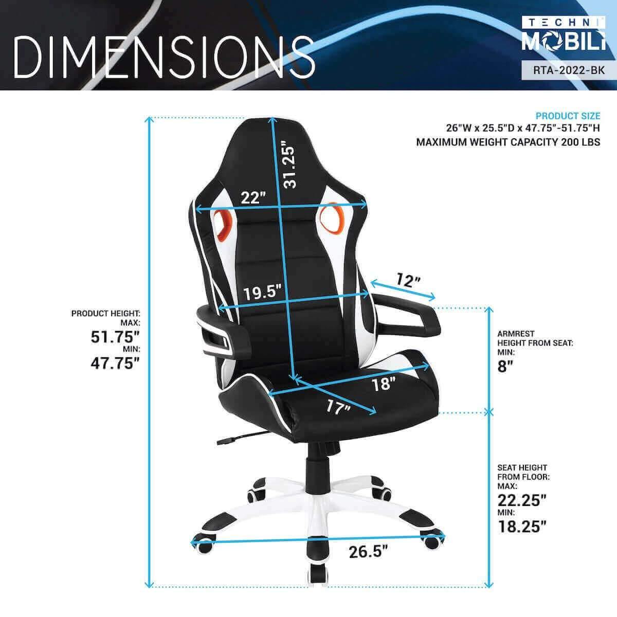 Techni Mobili Black Racing Style Home & Office Chair RTA-2022-BK Dimensions