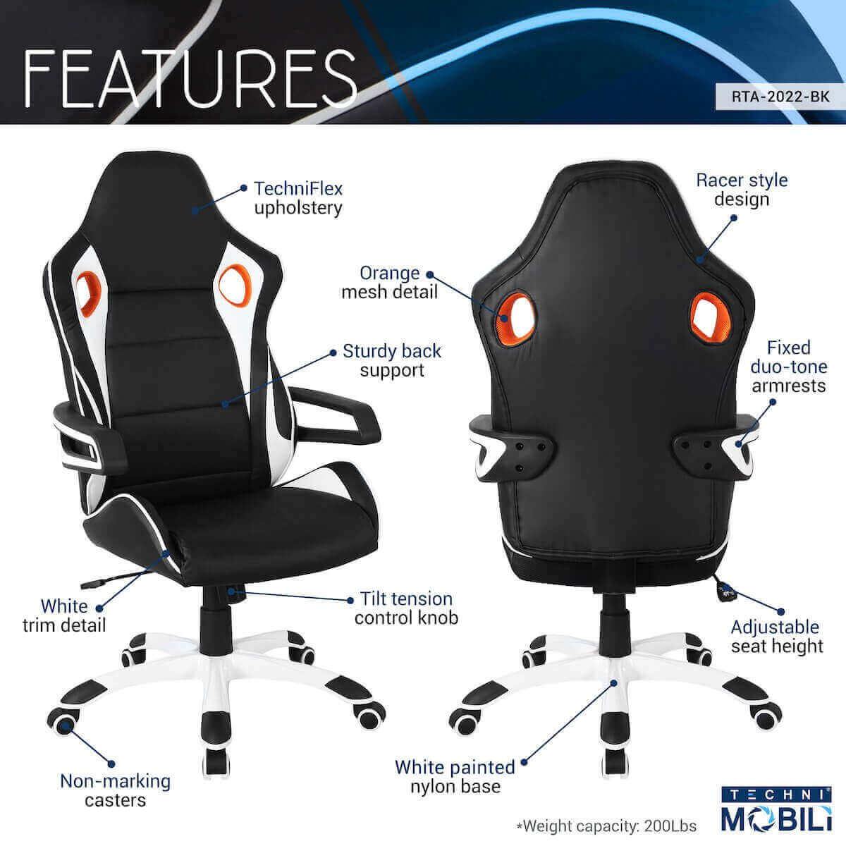 Techni Mobili Black Racing Style Home & Office Chair RTA-2022-BK Features