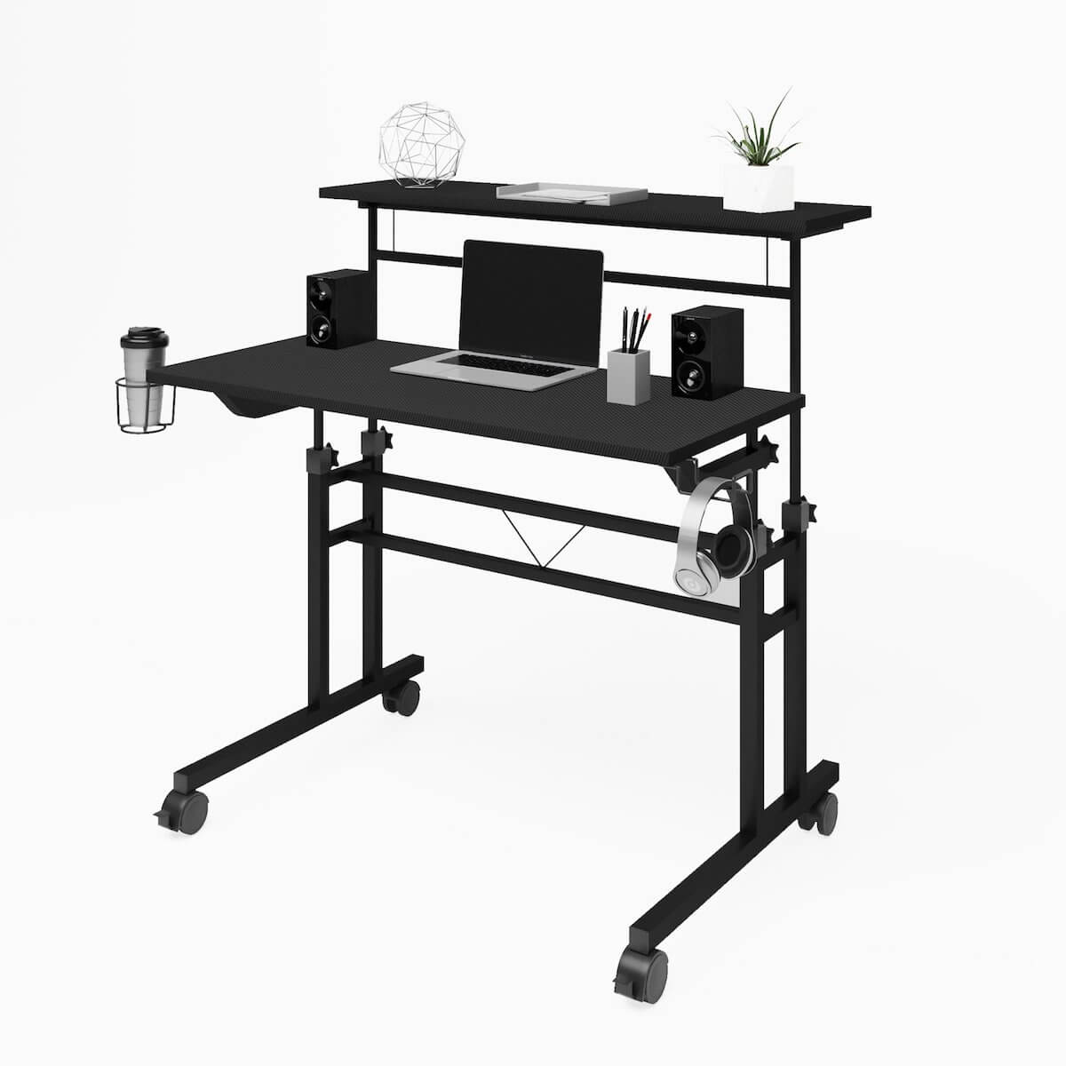 Techni Mobili  Black Rolling Writing Desk with Height Adjustable Desktop and Moveable Shelf RTA-3800SU-BK With Laptop #color_black