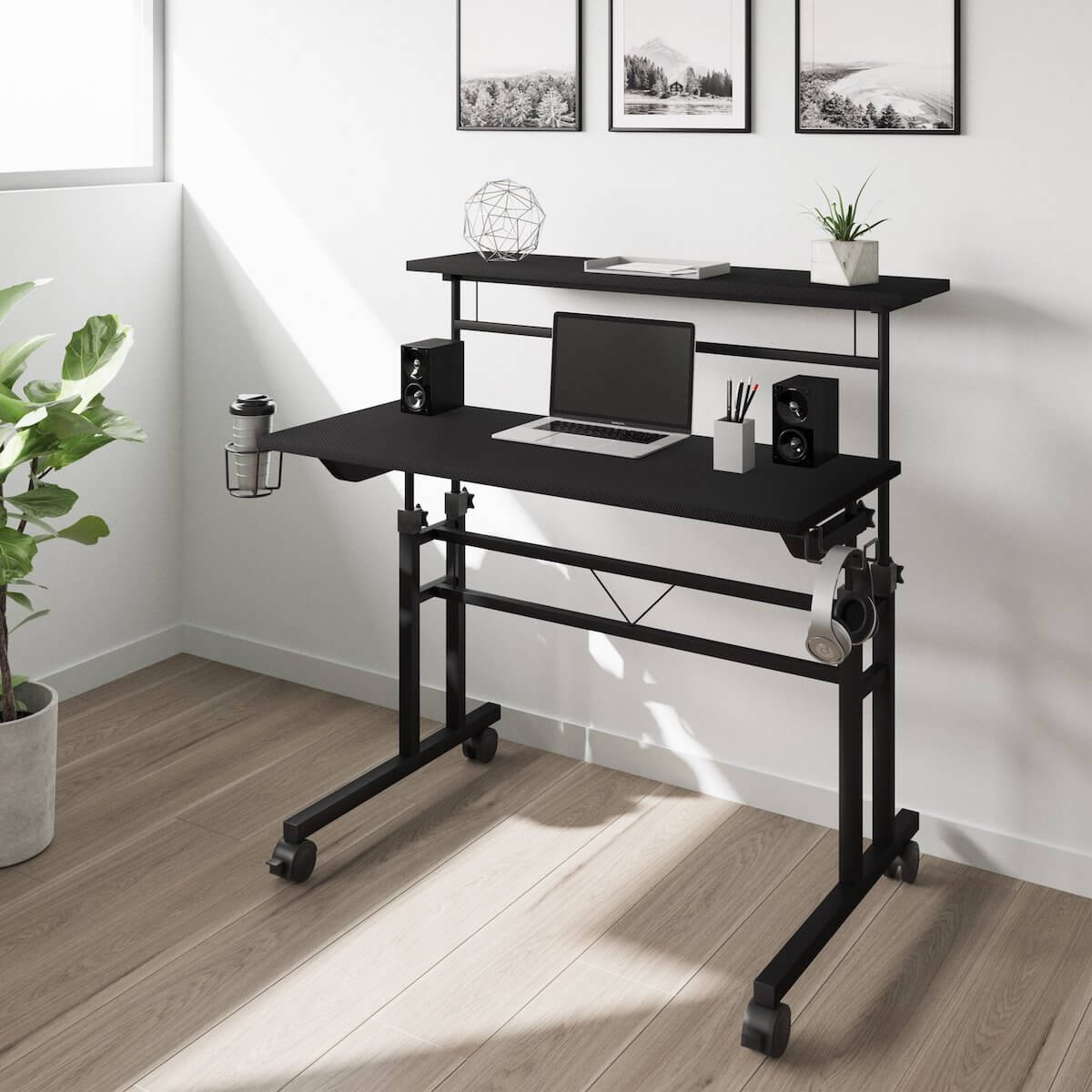 Techni Mobili  Black Rolling Writing Desk with Height Adjustable Desktop and Moveable Shelf RTA-3800SU-BK in Office #color_black