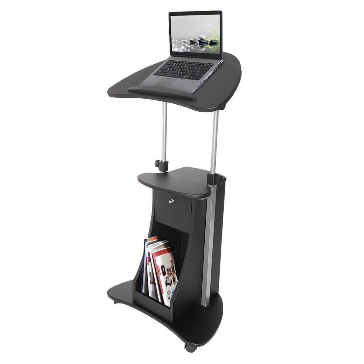 Techni Mobili Black Sit-to-Stand Rolling Adjustable Laptop Cart With Storage RTA-B005-BK46 with Computer #color_black