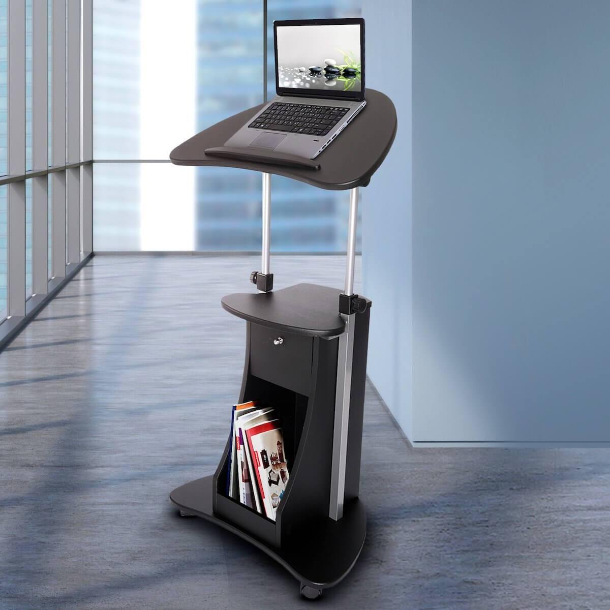 Techni Mobili Black Sit-to-Stand Rolling Adjustable Laptop Cart With Storage RTA-B005-BK46 in Office #color_black