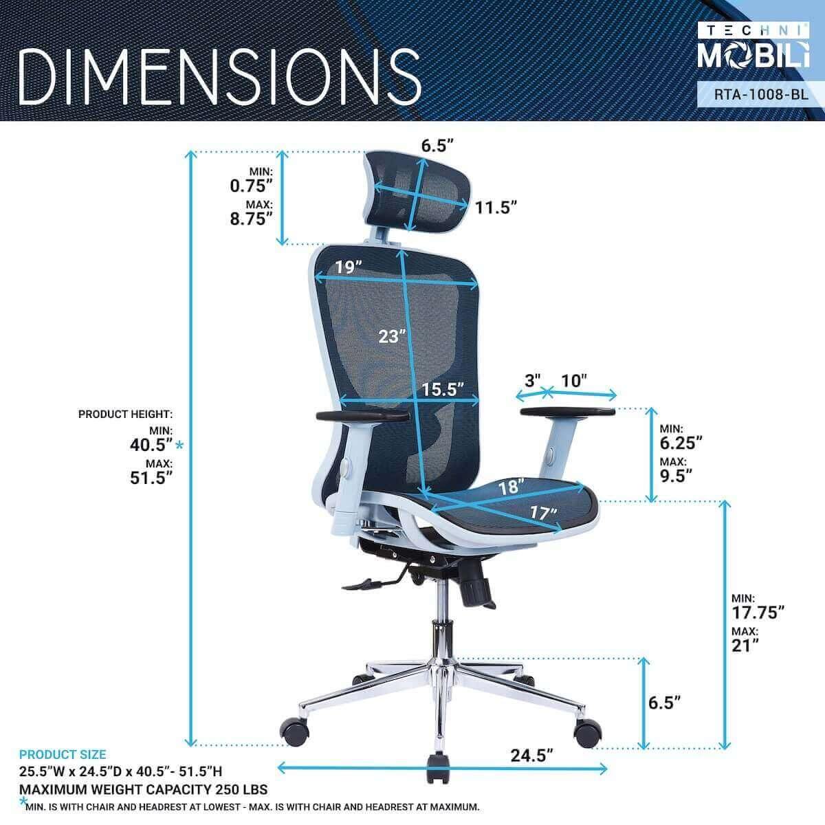 Techni Mobili Blue High Back Executive Mesh Office Chair with Arms, Headrest, and Lumbar Support RTA-1008-BL Dimensions