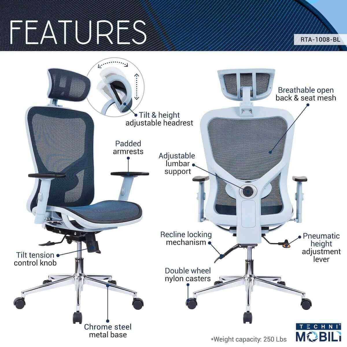 Techni Mobili Blue High Back Executive Mesh Office Chair with Arms, Headrest, and Lumbar Support RTA-1008-BL Features
