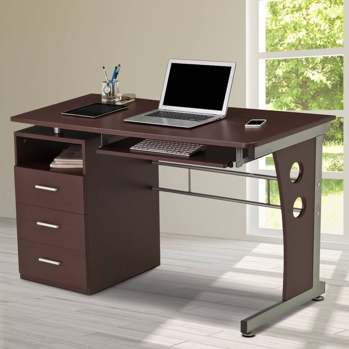 Techni Mobili Chocolate Computer Desk with Ample Storage RTA-3520-CH36 in Office #color_chocolate