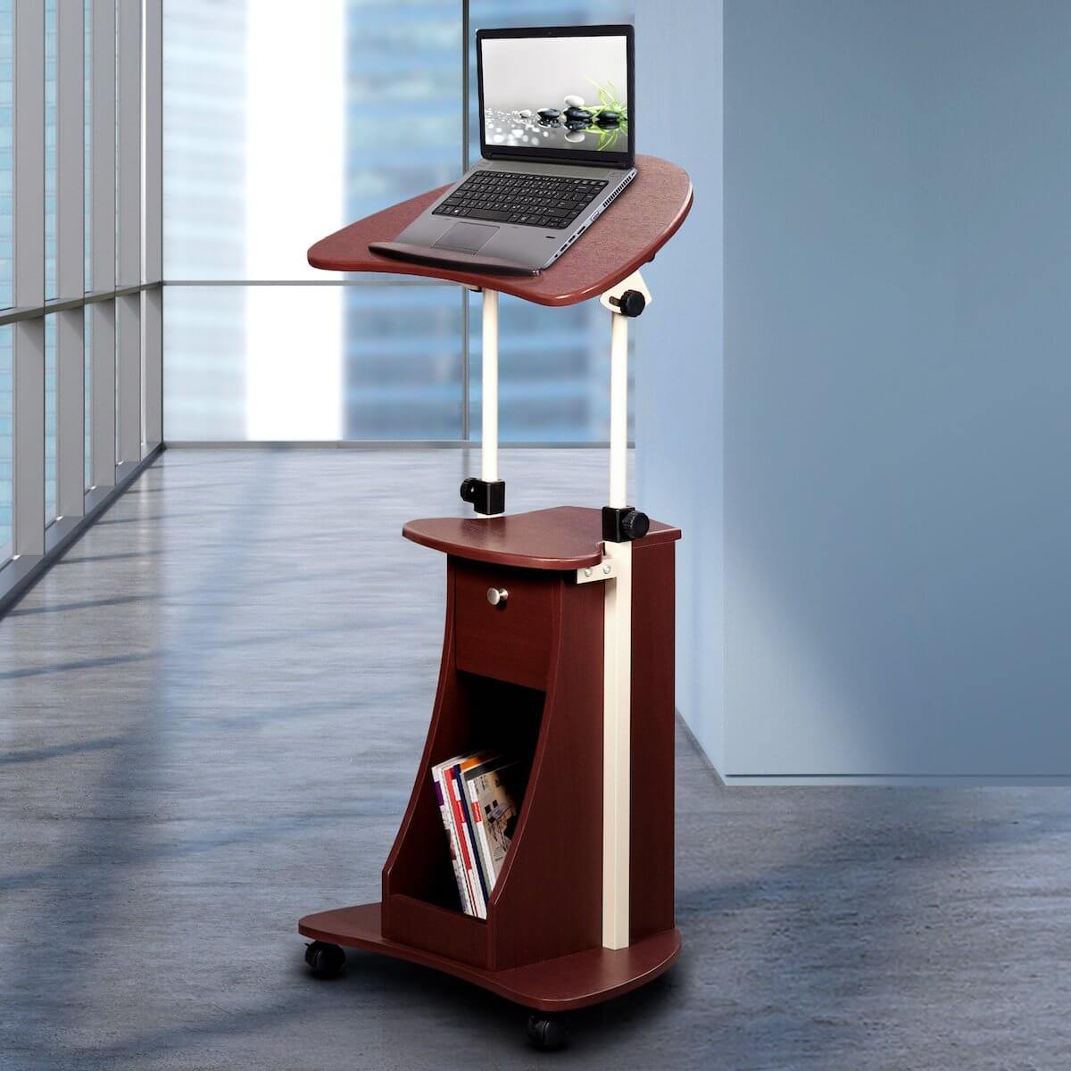 Techni Mobili Chocolate Sit-to-Stand Rolling Adjustable Laptop Cart With Storage RTA-B005-CH36 in Office #color_chocolate