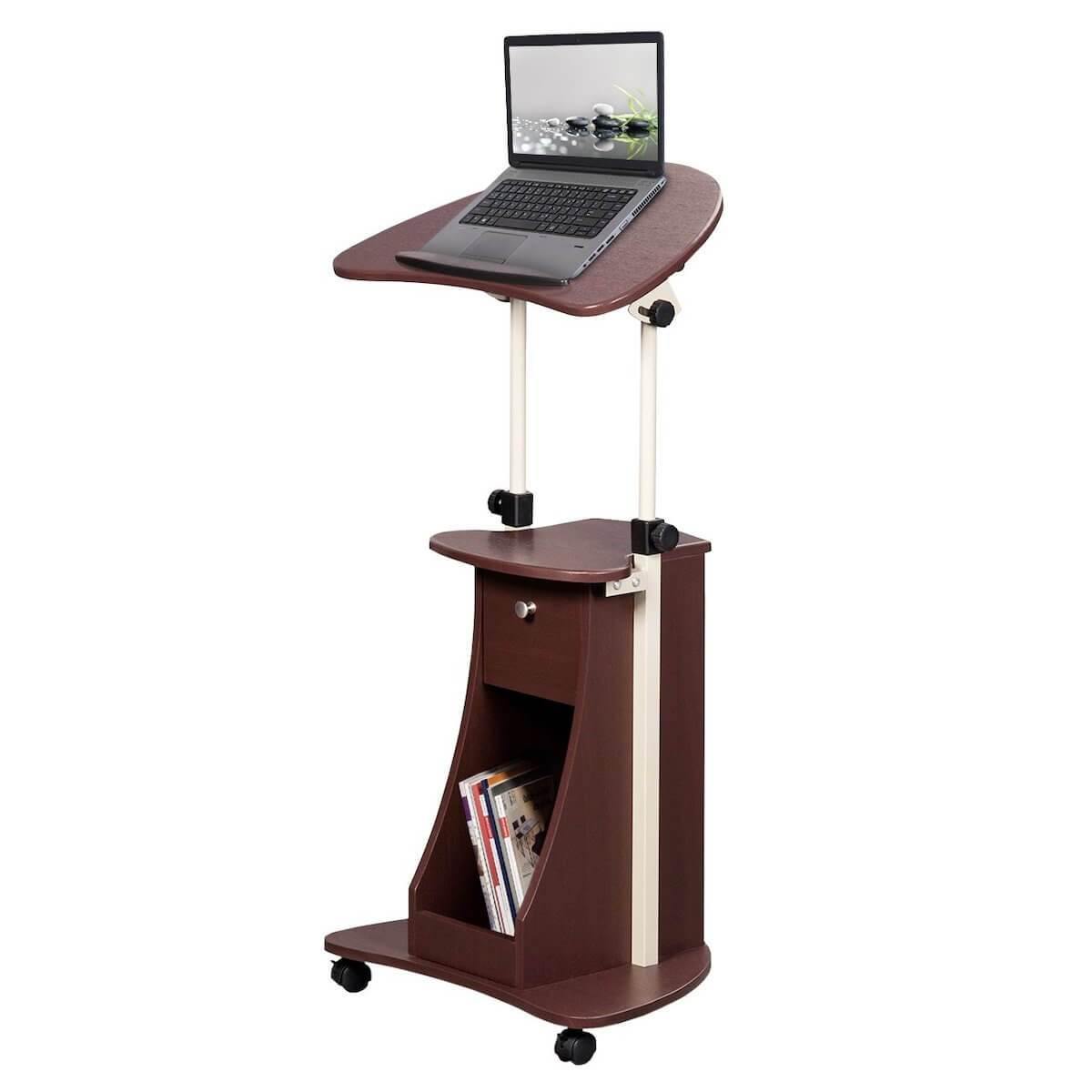 Techni Mobili Chocolate Sit-to-Stand Rolling Adjustable Laptop Cart With Storage RTA-B005-CH36 with Computer #color_chocolate