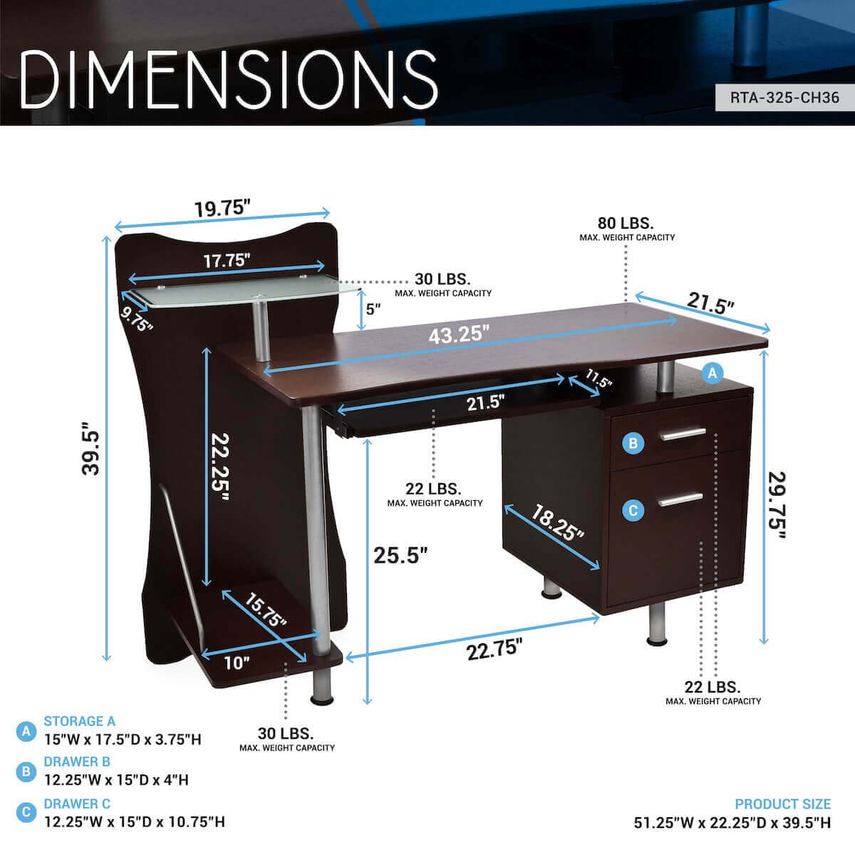 Techni Mobili Chocolate Stylish Computer Desk with Storage RTA-325-CH36 Dimensions