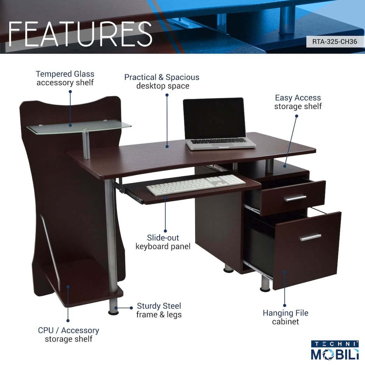Techni Mobili Chocolate Stylish Computer Desk with Storage RTA-325-CH36 Features