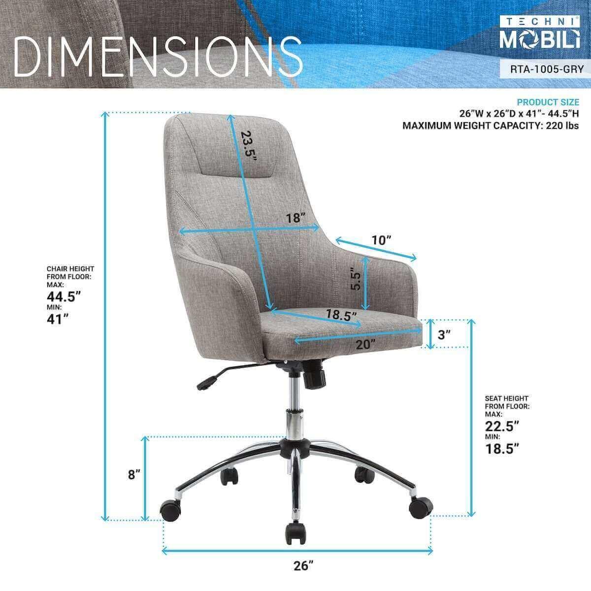 Techni Mobili Comfy Height Adjustable Rolling Office Desk Chair with Wheels RTA-1005-GRY Dimensions